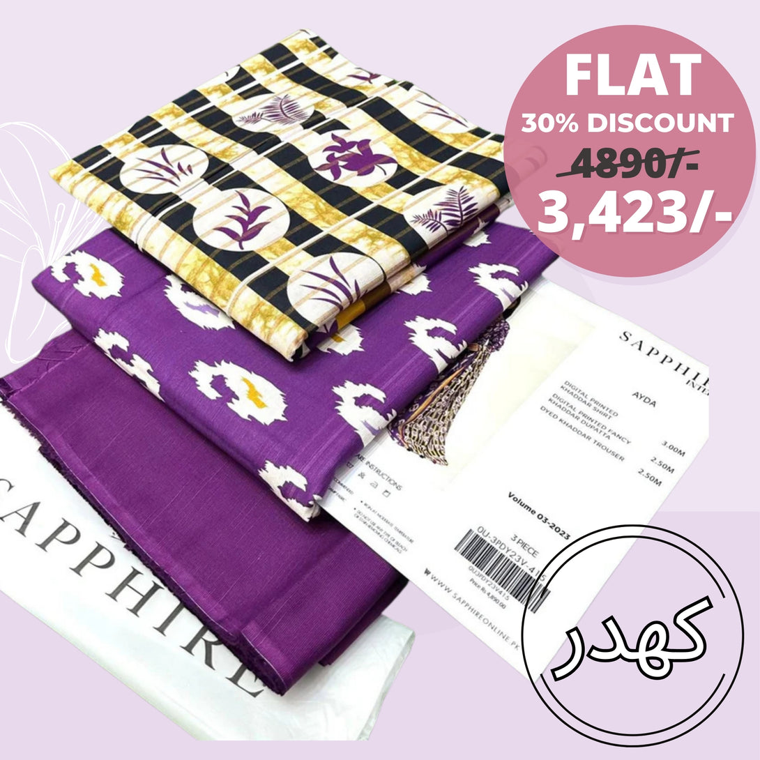 30% Discount on Purple Sapphire Khaddar Digital-printed 3-Piece Suit