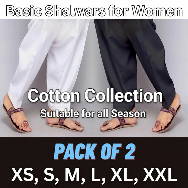 Two pairs of pants in white and black with sandals on a gray background, labeled 'Basic Shalwars for Women'.