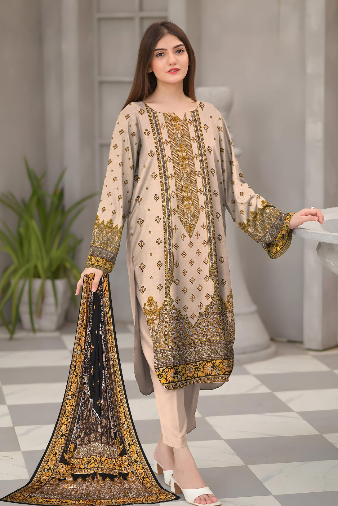 Beige - Digital Printed Linen 3-piece Suit