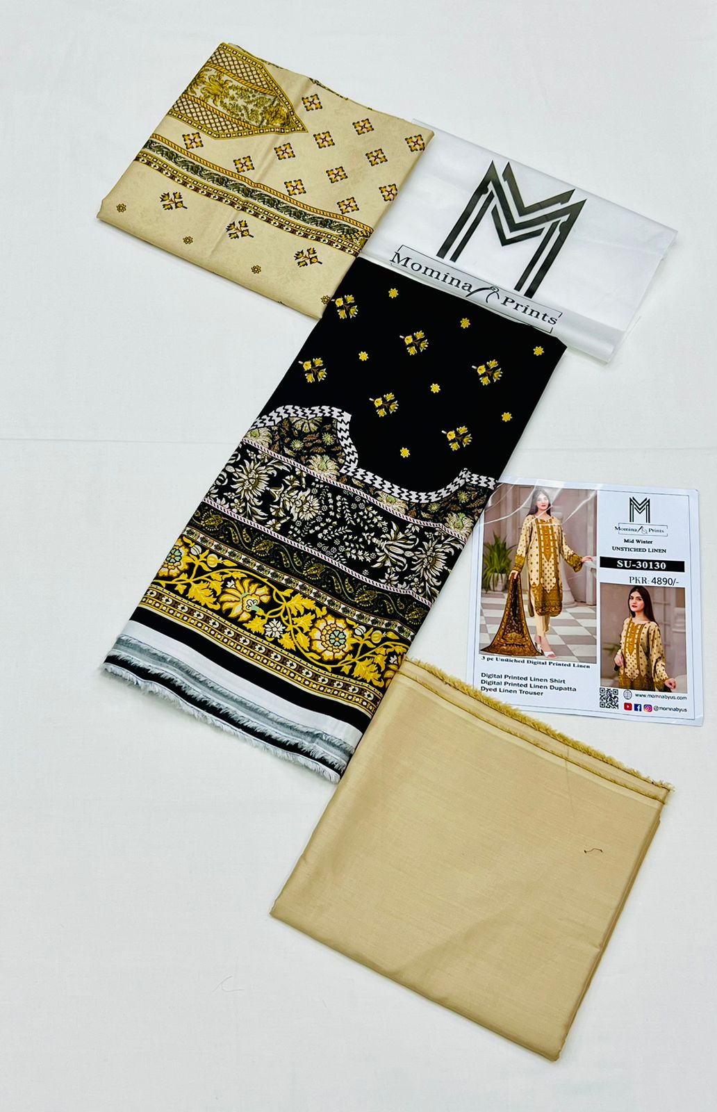 Beige - Digital Printed Linen 3-piece Suit - Kameez, Shalwar & Dupatta