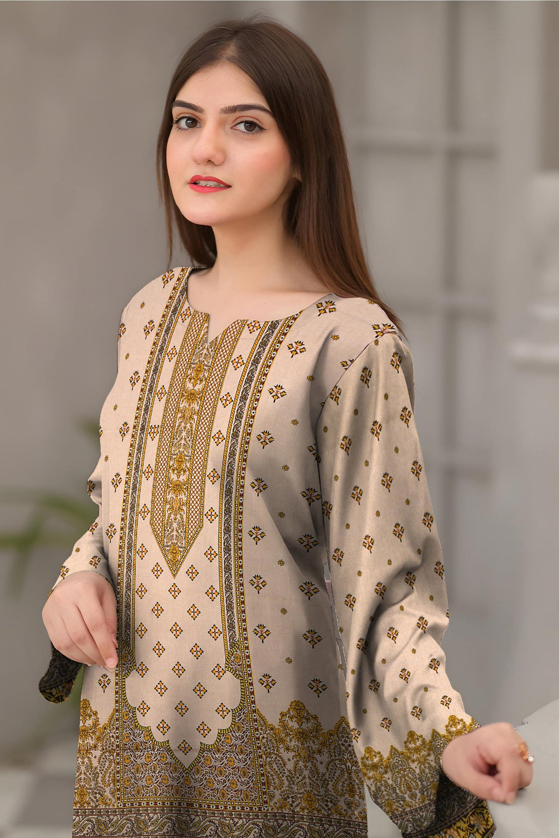 Beige - Digital Printed Linen 3-piece Suit - Top