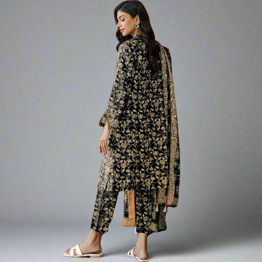 Black - Orient Unstitched Khaddar 3 Piece Suit - Back