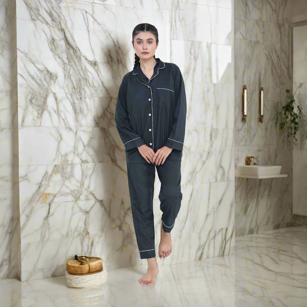 Black - Two-Piece Winter Night Suit For Women