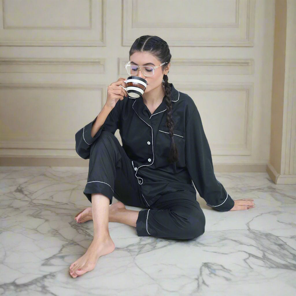 Black - Two-Piece Winter Night Suit For Women - Comfortable Sitting