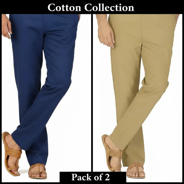 Two pairs of pants, one blue and one beige, with 'Cotton Collection' text above and 'Pack of 2' text at the bottom.