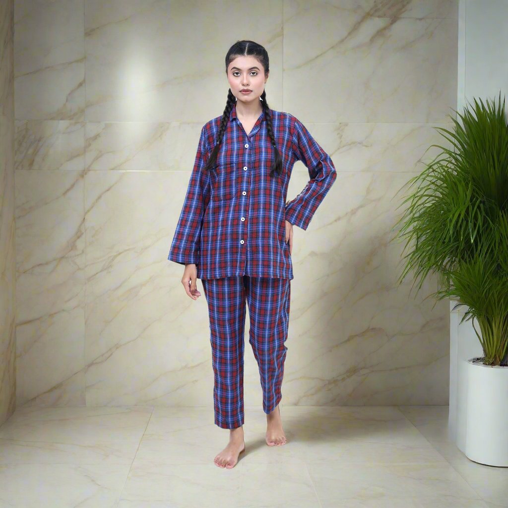 Blue Check - Comfortable Fleece Night 2-Piece Suits