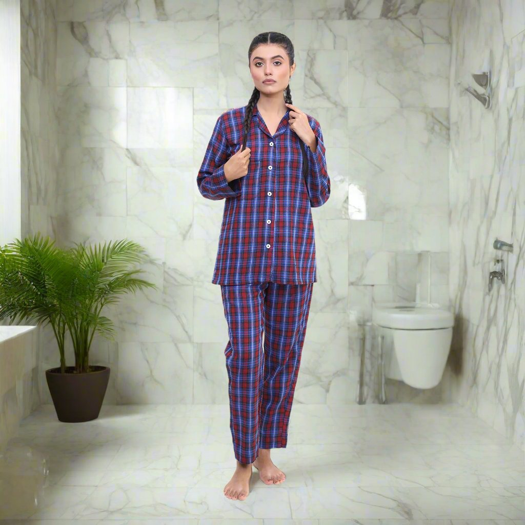Blue Check - Fleece Night 2-Piece Suits - Full