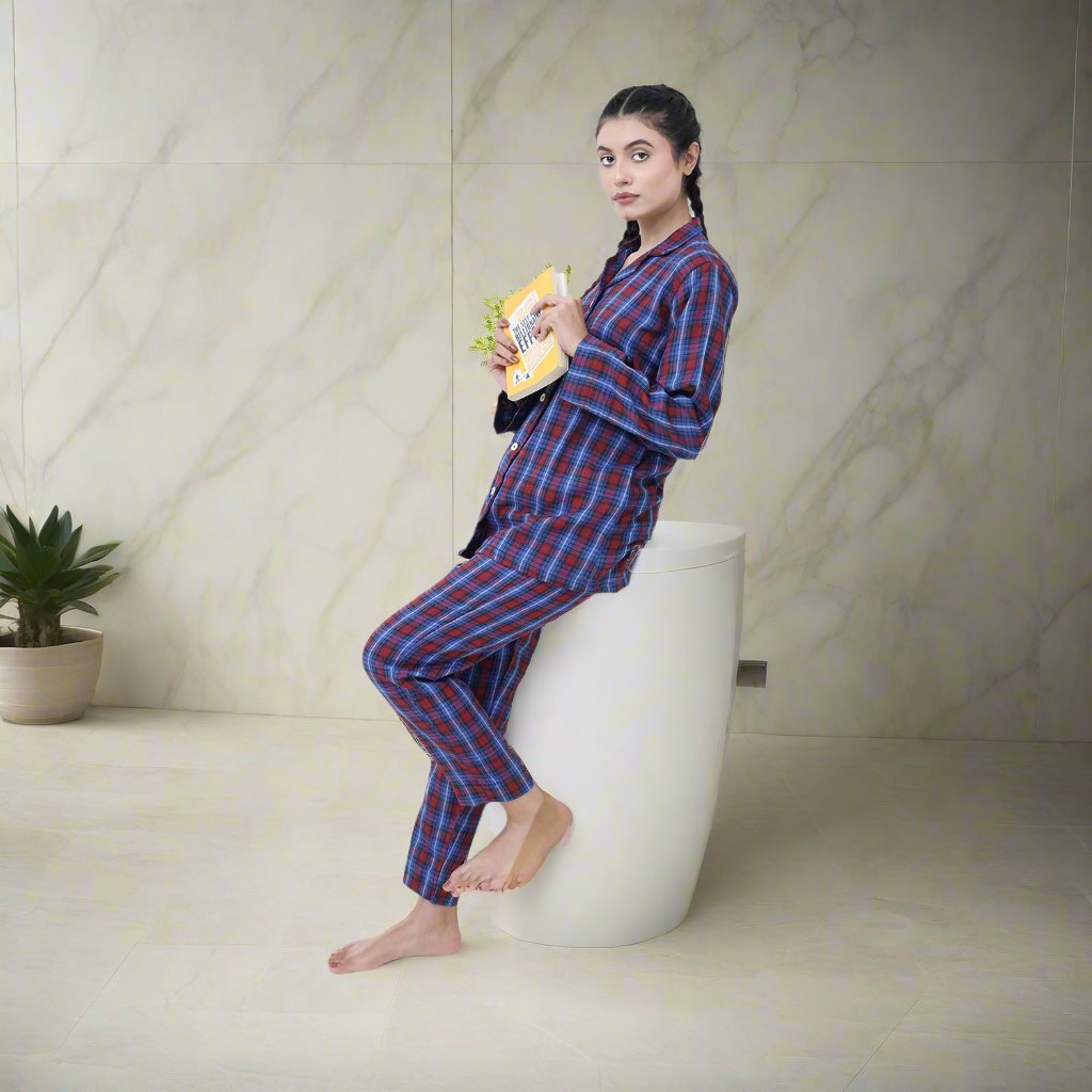 Blue Check - Fleece Night 2-Piece Suits - Left Front
