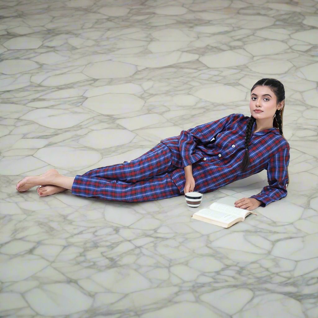 Blue Check - Fleece Night 2-Piece Suits - Relaxed Sitting