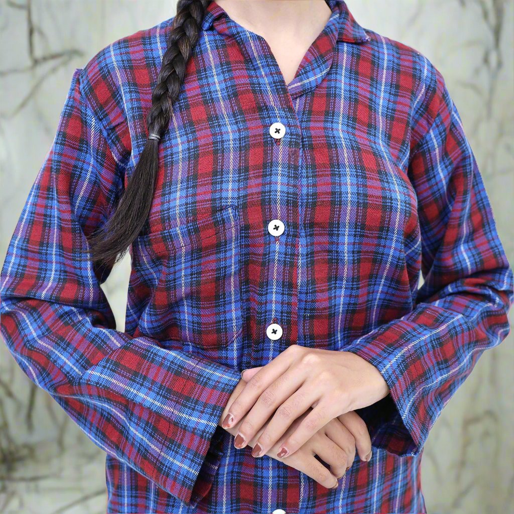 Blue Check - Fleece Night 2-Piece Suits - Top