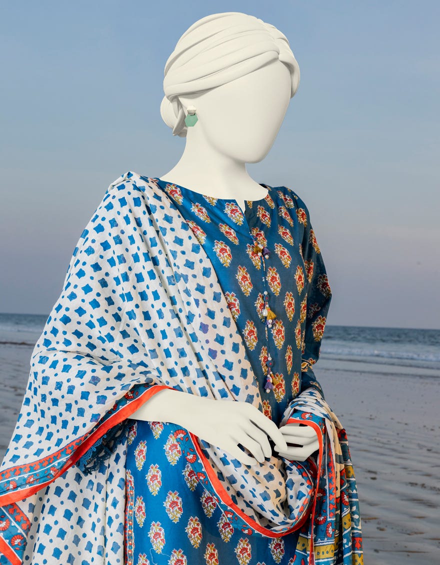 Blue Printed - Stitched J. 2-Piece Lawn Suit - Top