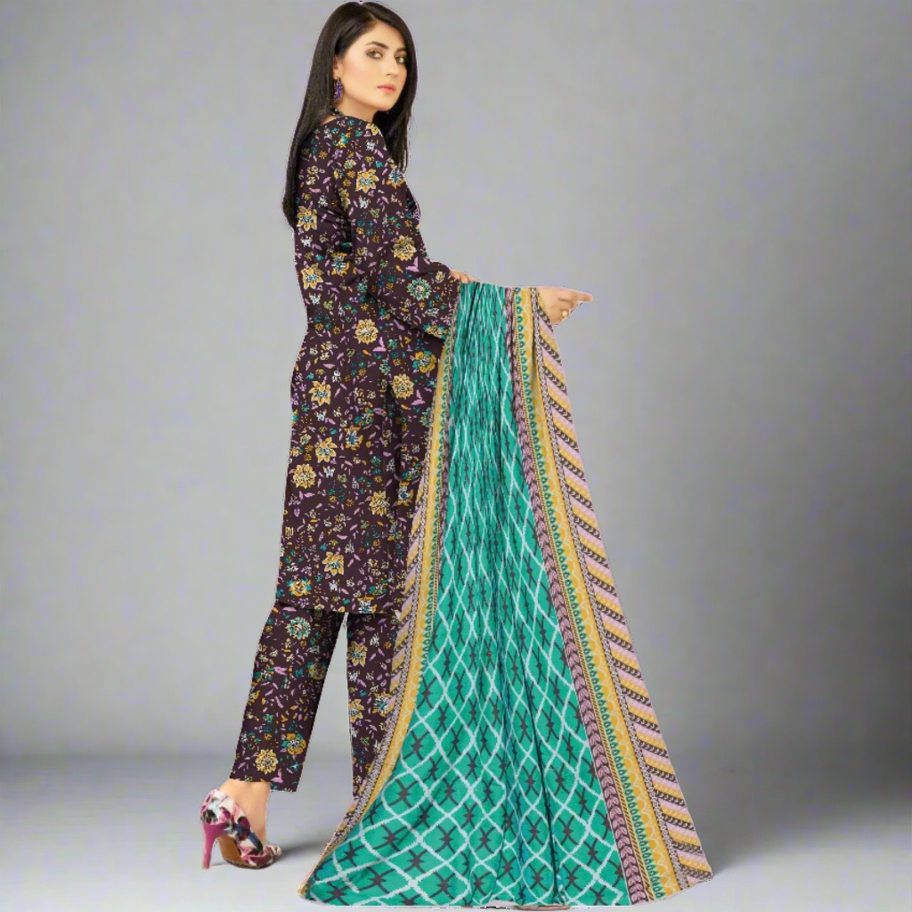 Brown - Orient Unstitched Khaddar 3 Piece Suit - Back with Dupatta