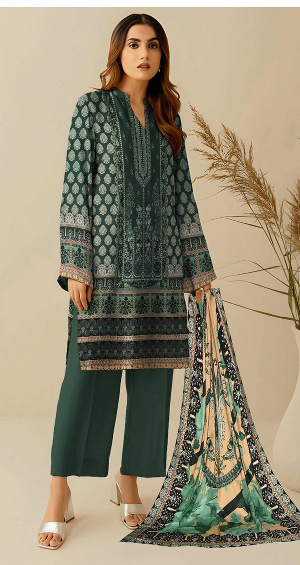 Dark-Green- Digital Printed Linen 3-piece Suit