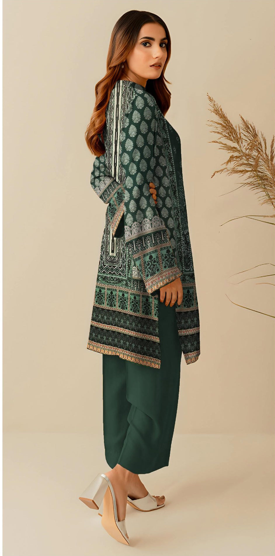 Dark-Green- Digital Printed Linen 3-piece Suit - Back