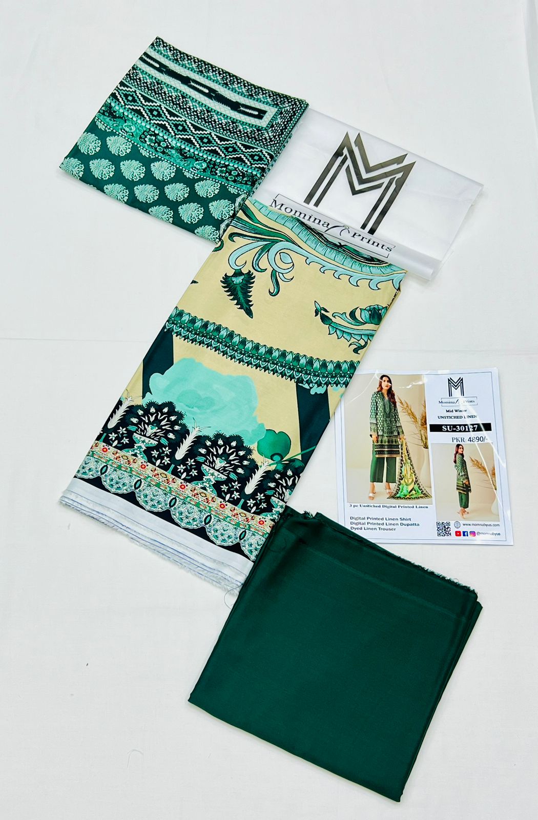 Dark-Green- Digital Printed Linen 3-piece Suit - Kameez, Shalwar & Dupatta