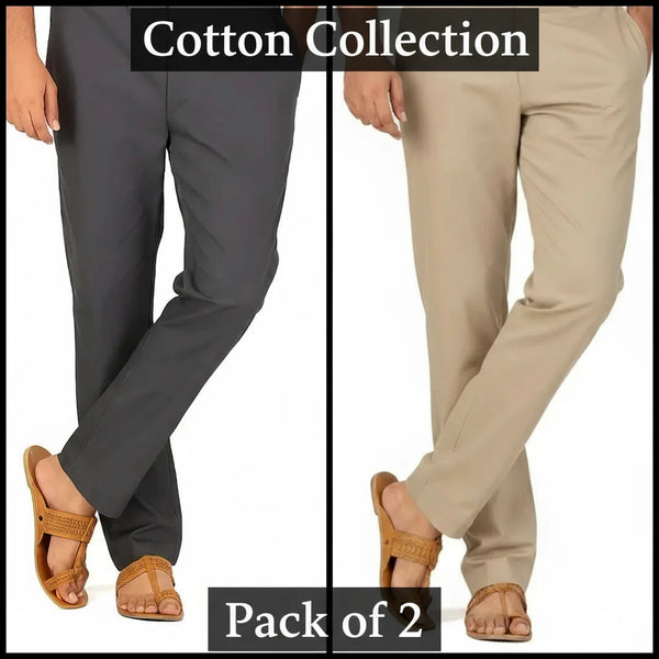 Two pairs of pants, one gray and one beige, with 'Cotton Collection' and 'Pack of 2' text.