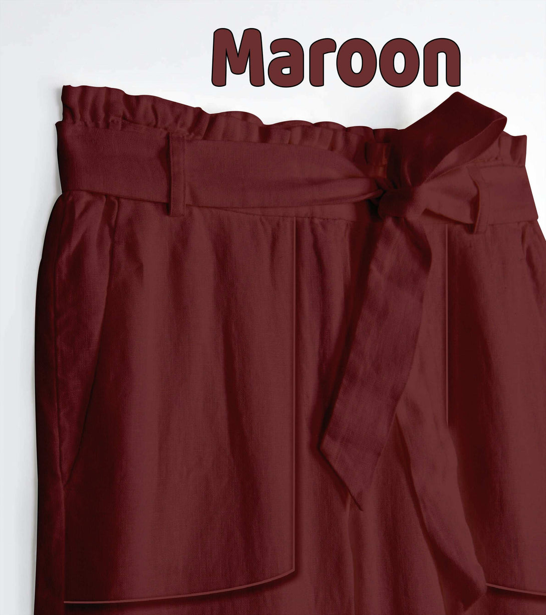 Maroon - Paperbag Waist-Pants/Trousers For Women In Cotton