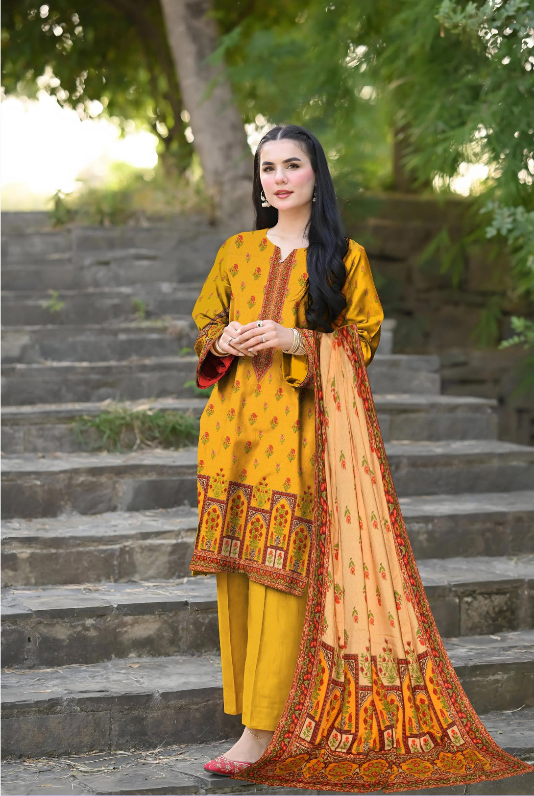 Mustard - Digital Printed Linen 3-piece Suit