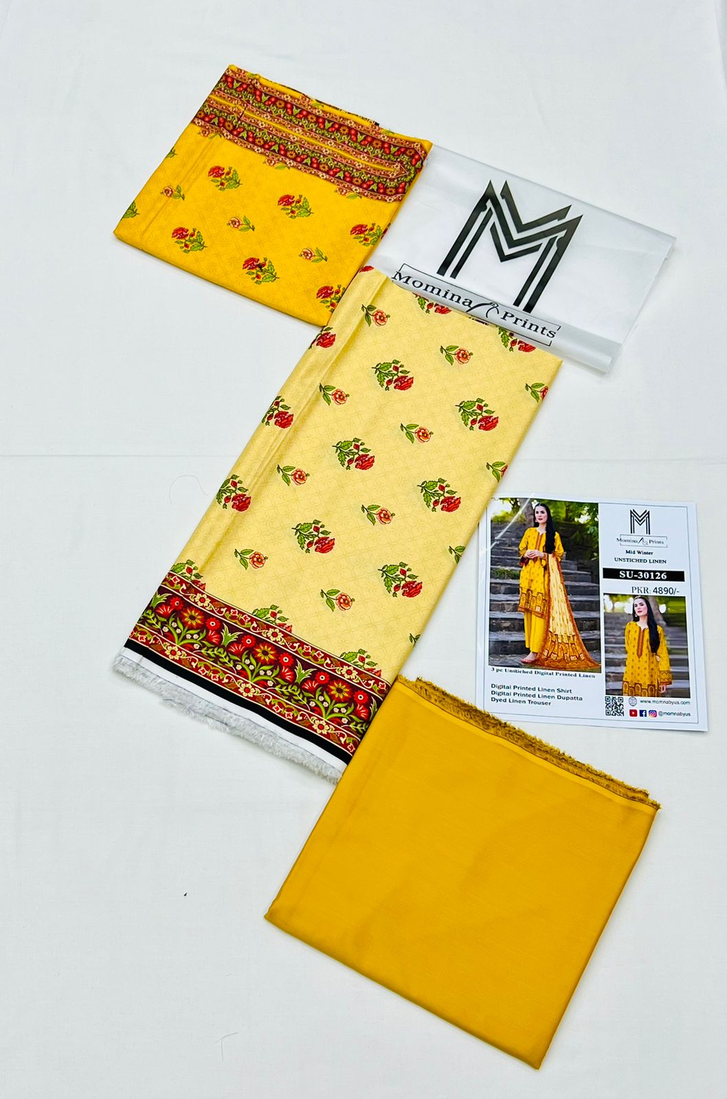 Mustard - Digital Printed Linen 3-piece Suit - Kameez, Shalwar & Dupatta