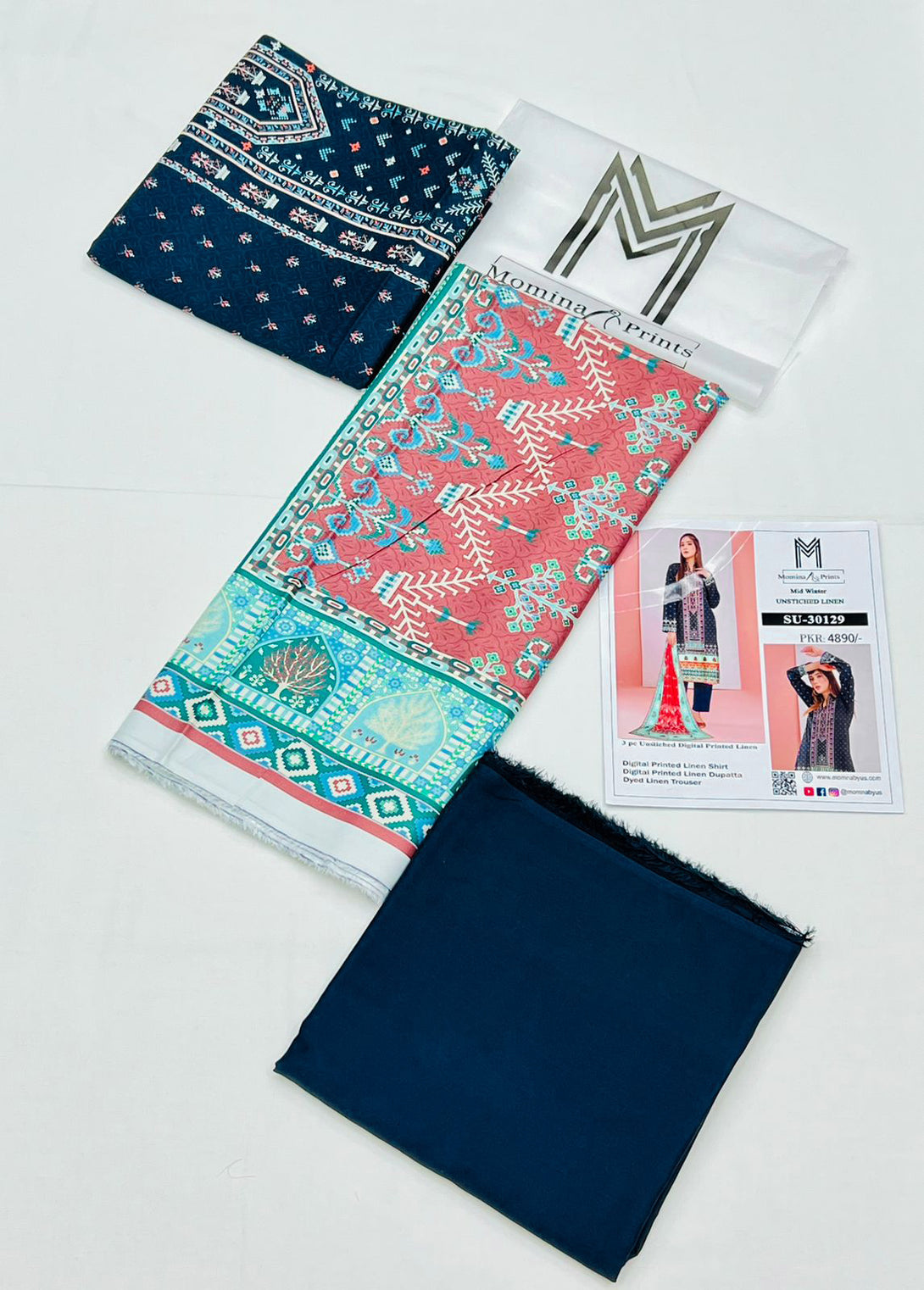 Navy - Digital Printed Linen 3-piece Suit - Kameez, Shalwar & Dupatta