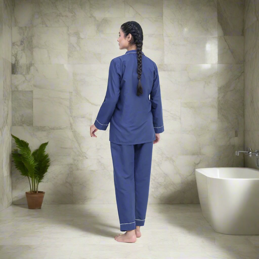 Navy - Two-Piece Winter Night Suit For Women - Back