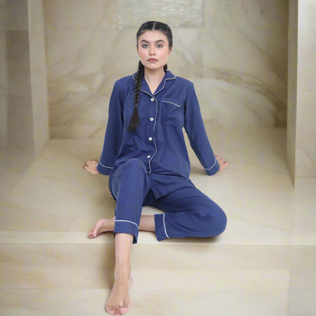 Navy - Two-Piece Winter Night Suit For Women - Comfortable Sitting