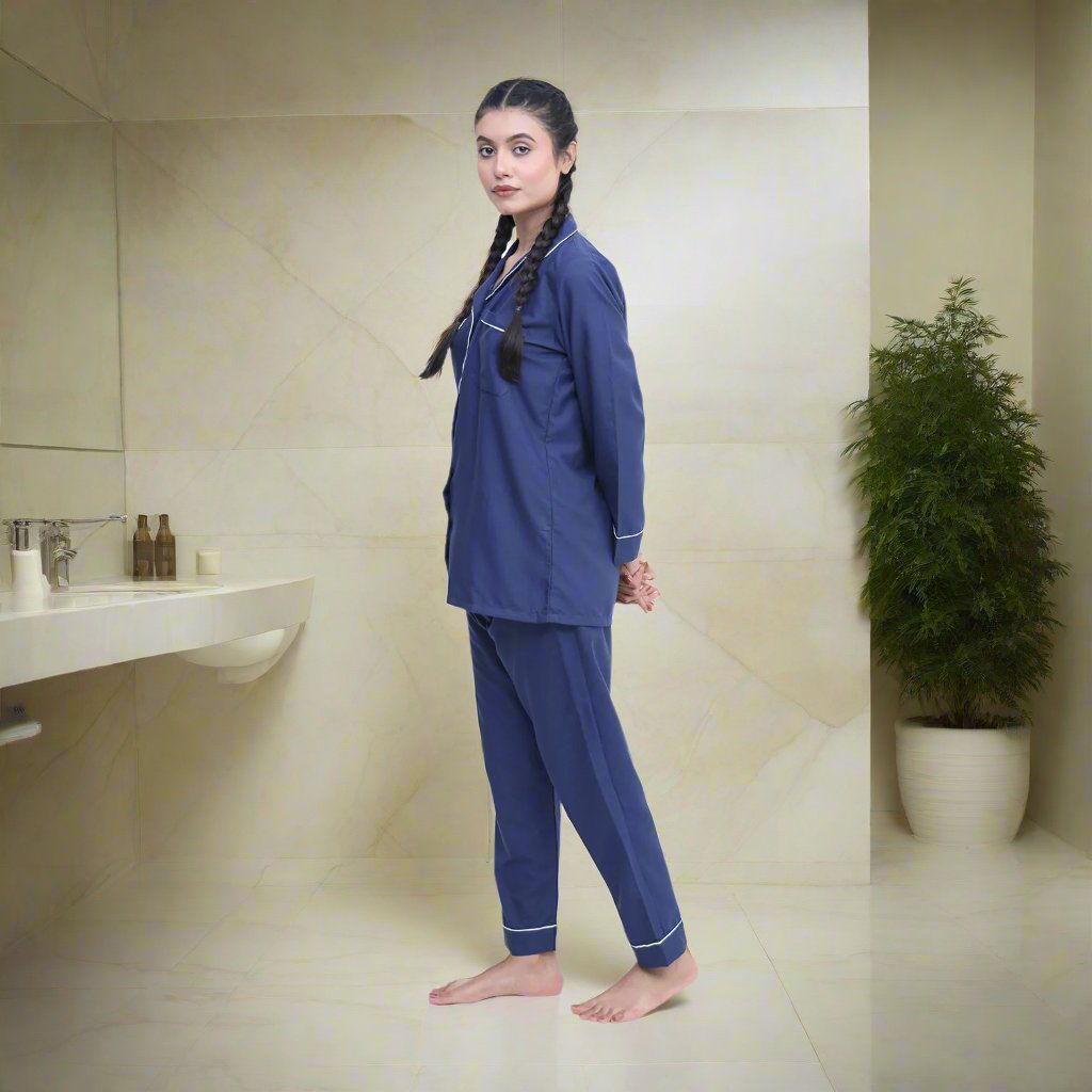 Navy - Two-Piece Winter Night Suit For Women - Left
