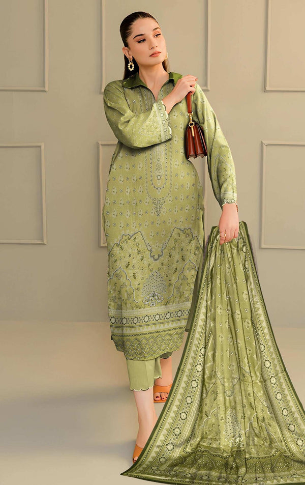 Olive-Green - Digital Printed Linen 3-piece Suit - Full
