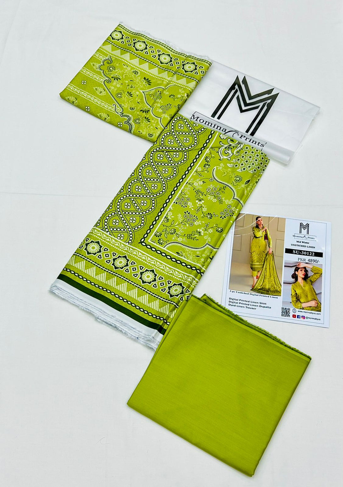 Olive-Green - Digital Printed Linen 3-piece Suit - Kameez, Shalwar & Dupatta