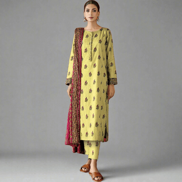 Pale Yellow - Orient Unstitched Khaddar 3 Piece Suit