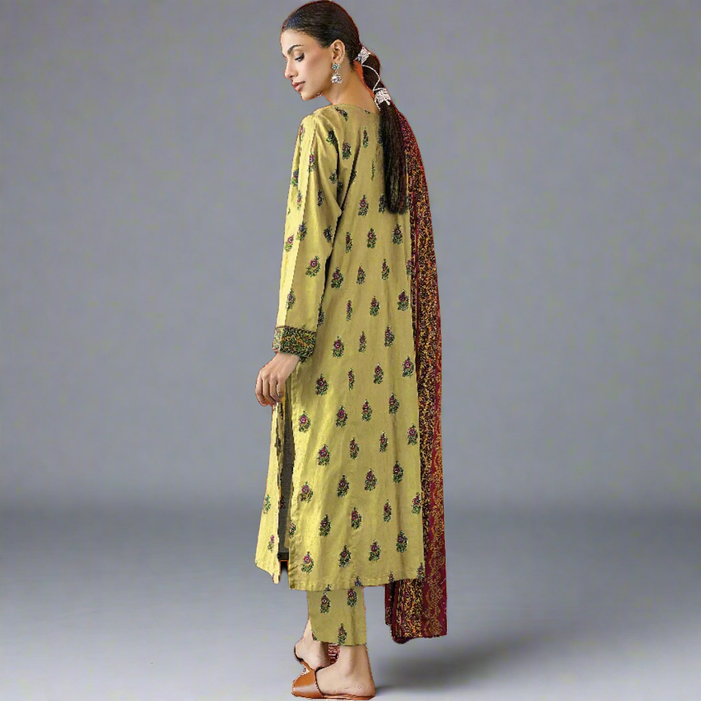 Pale Yellow - Orient Unstitched Khaddar 3 Piece Suit - Back