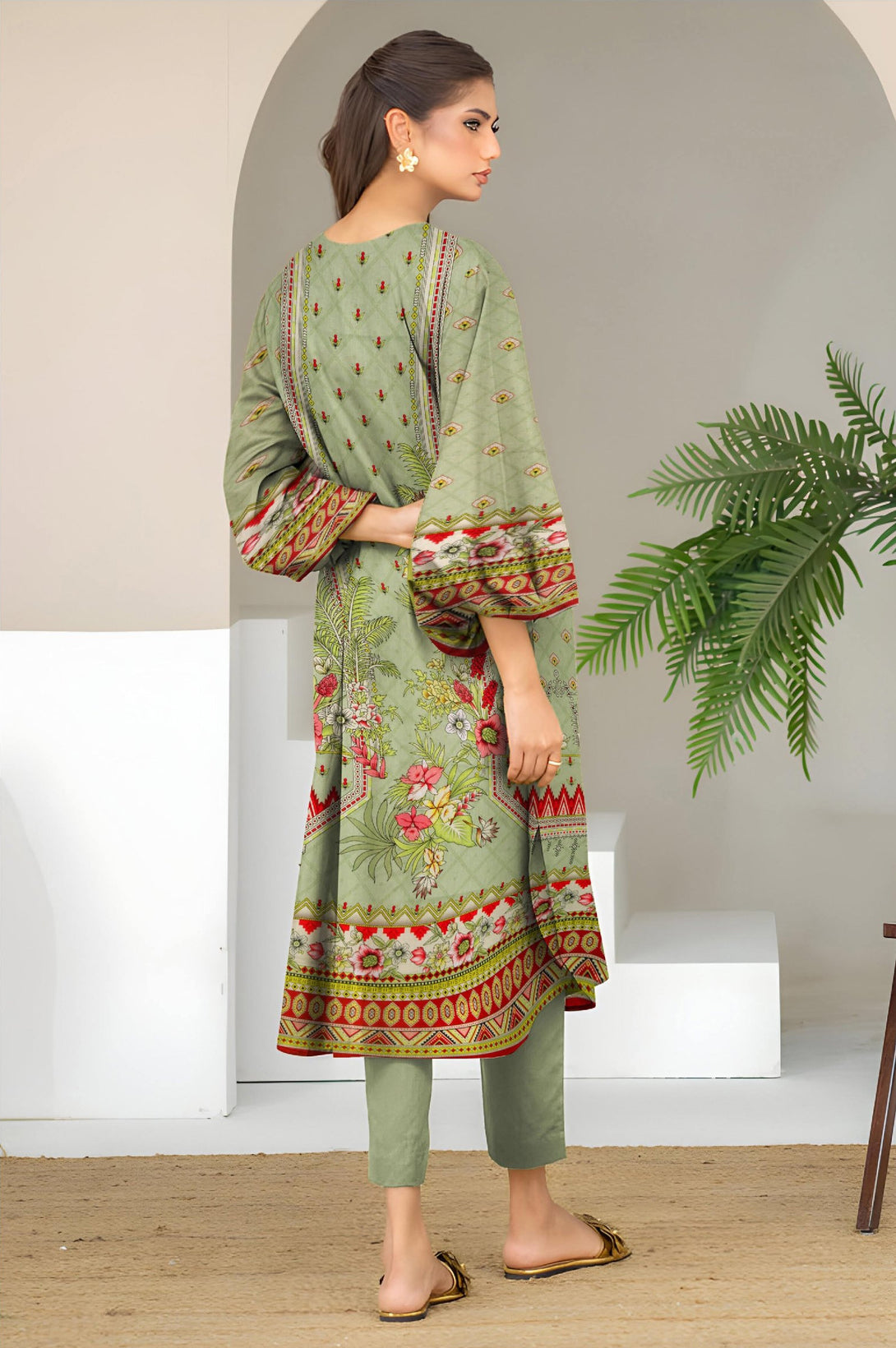 Pastel-Green - Digital Printed Linen 3-piece Suit - Back