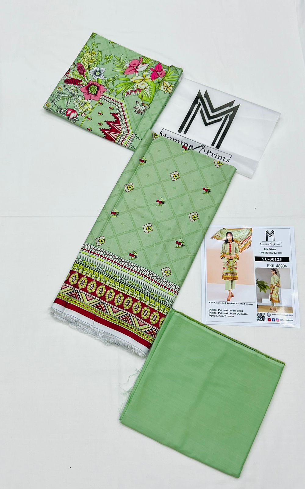 Pastel-Green - Digital Printed Linen 3-piece Suit - Kameez, Shalwar & Dupatta