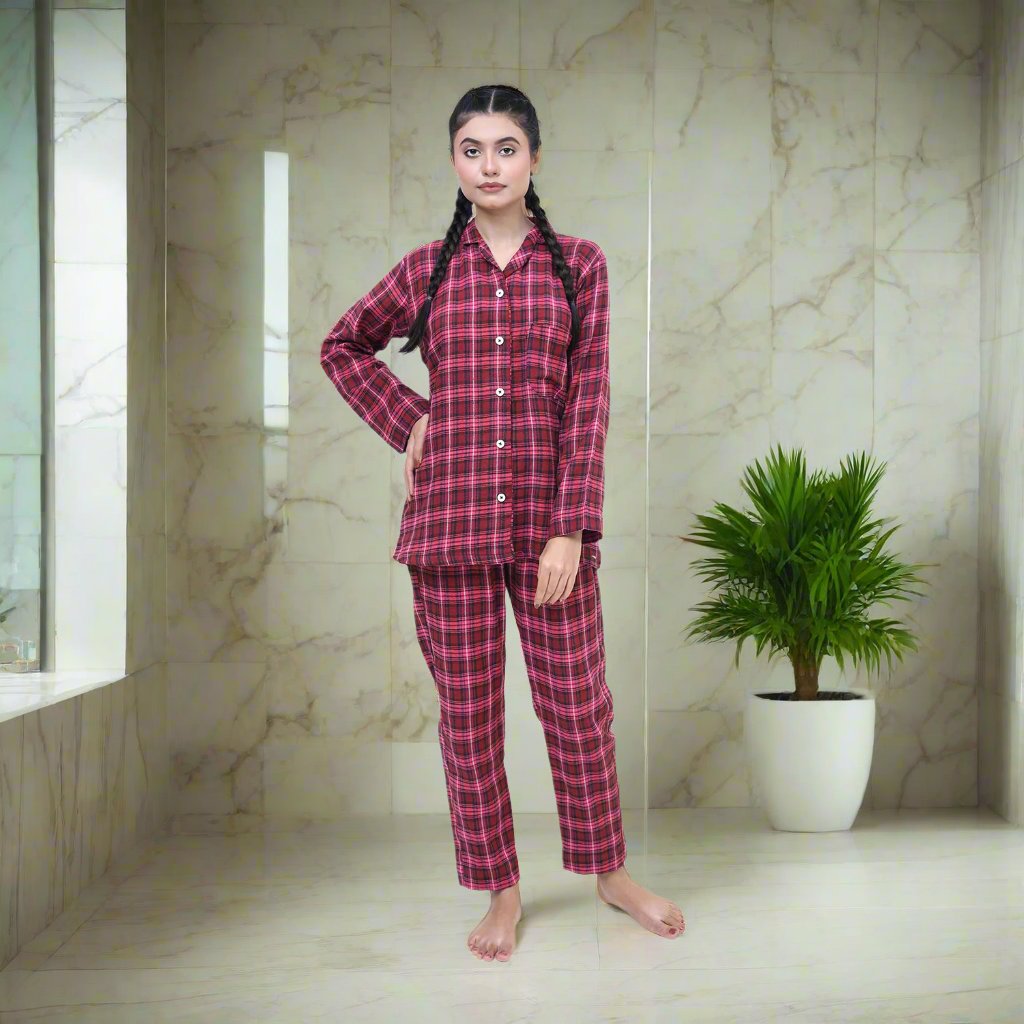 Pink Check - Comfortable Fleece Night 2-Piece Suits