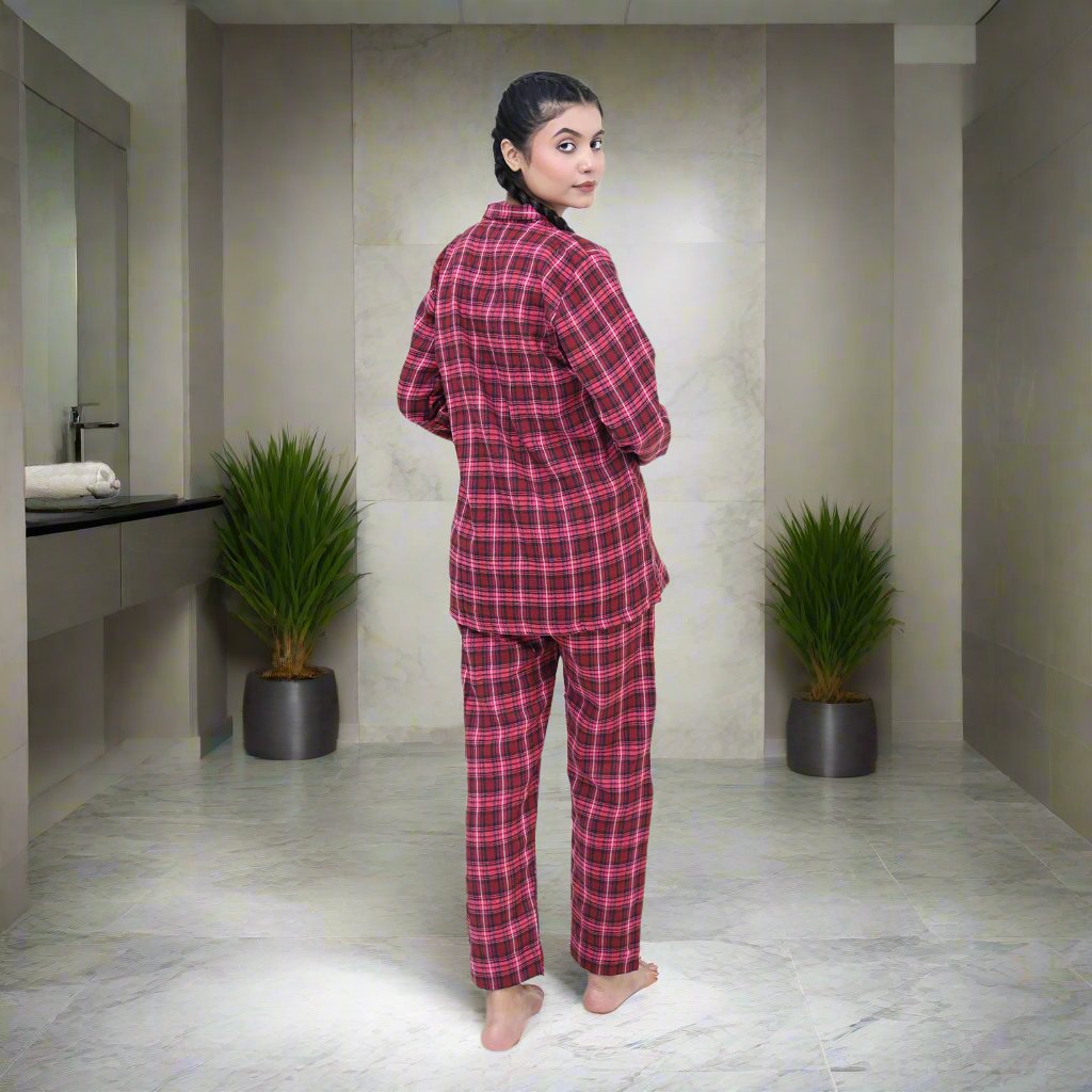 Pink Check - Fleece Night 2-Piece Suits - Back