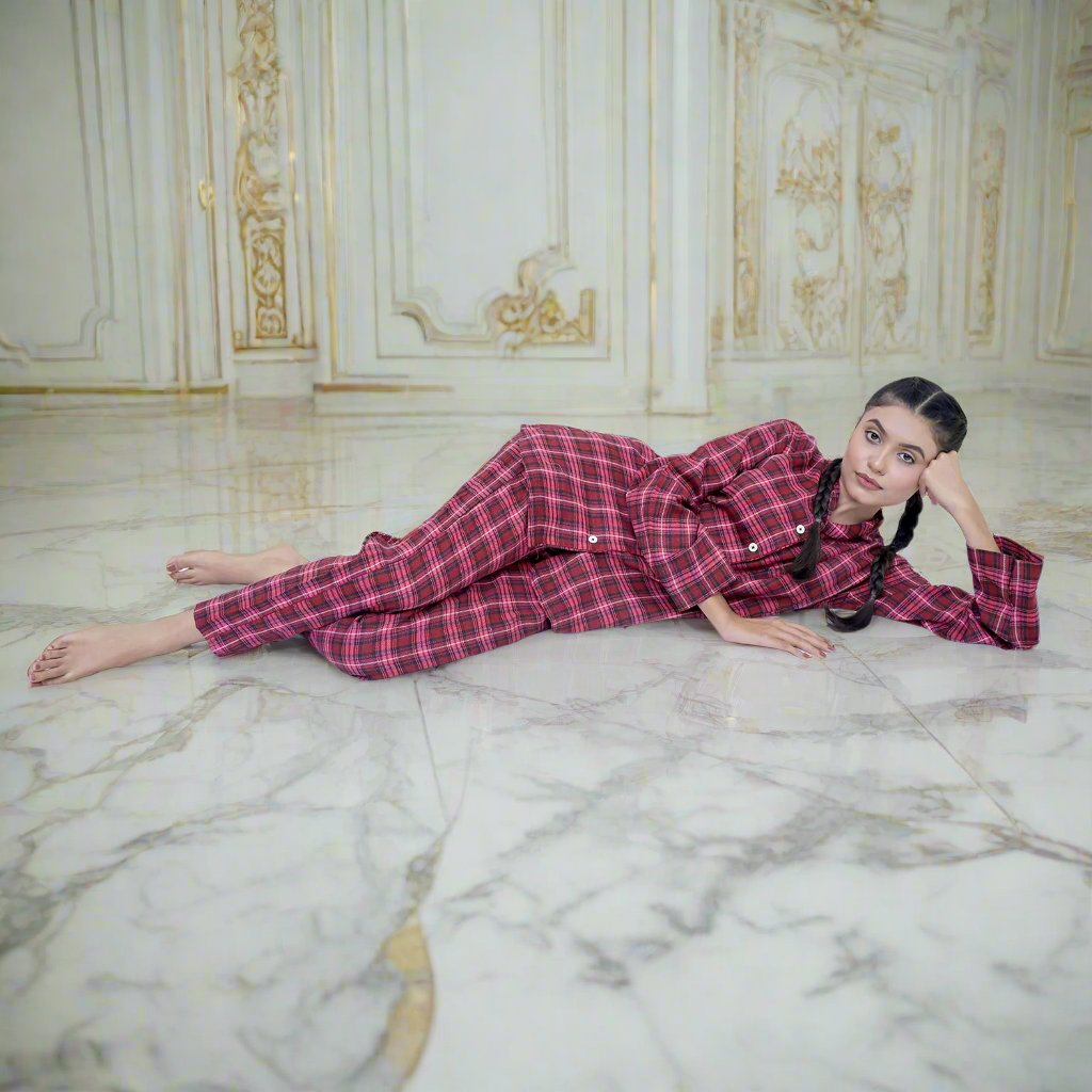 Pink Check - Fleece Night 2-Piece Suits - Relax Sitting