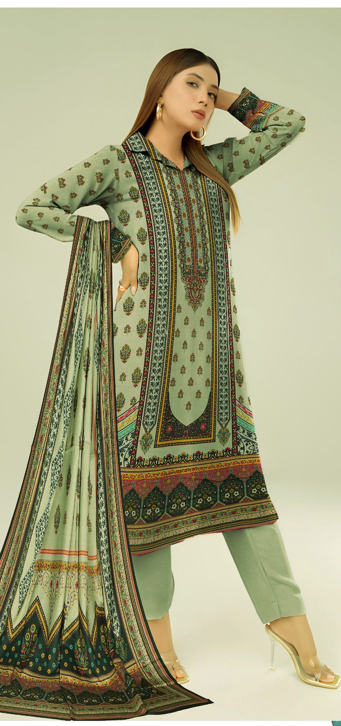 Pista-Green - Digital Printed Linen 3-piece Suit