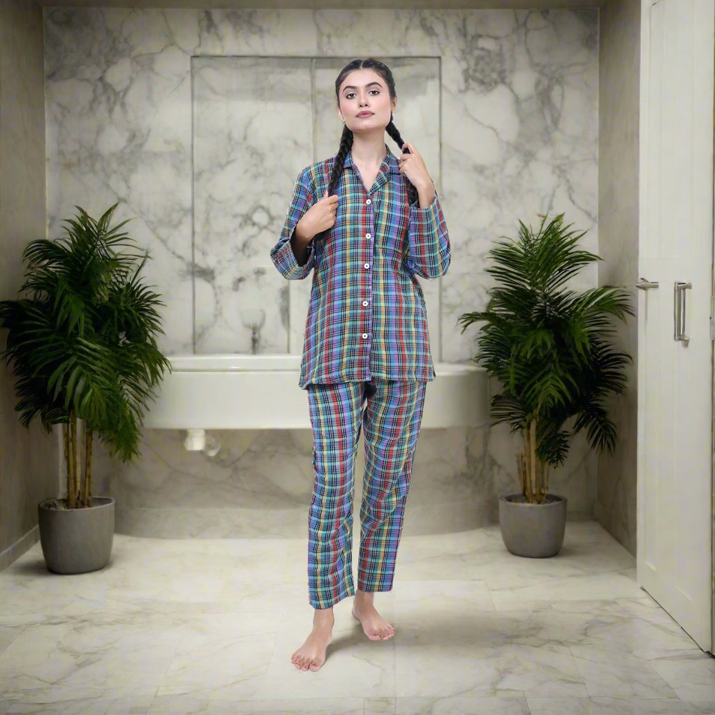 Purple Check - Comfortable Fleece Night 2-Piece Suits