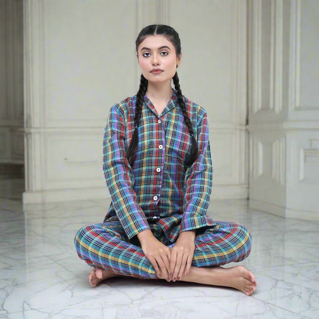 Purple Check - Fleece Night 2-Piece Suits - Comfort Sitting