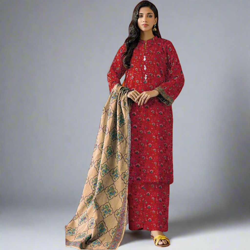 Red - Orient Unstitched Khaddar 3-Piece Suit