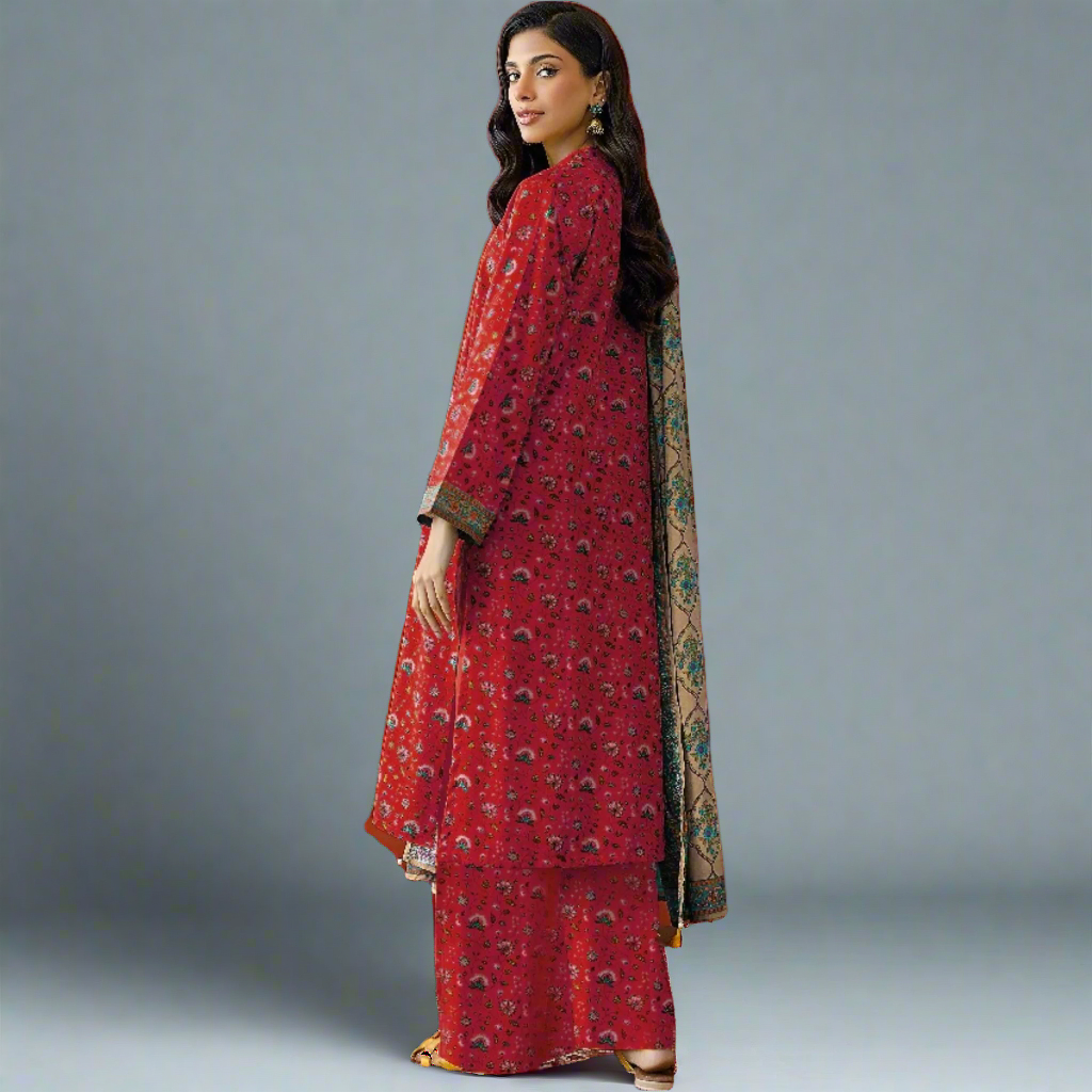 Red - Orient Unstitched Khaddar 3-Piece Suit -  Back