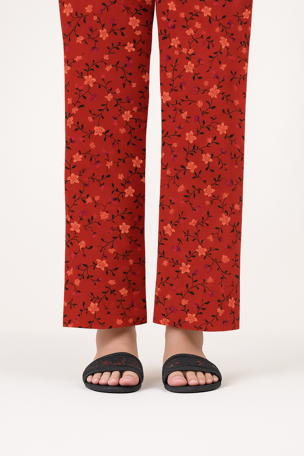 Red Floral Printed - Trousers For Women