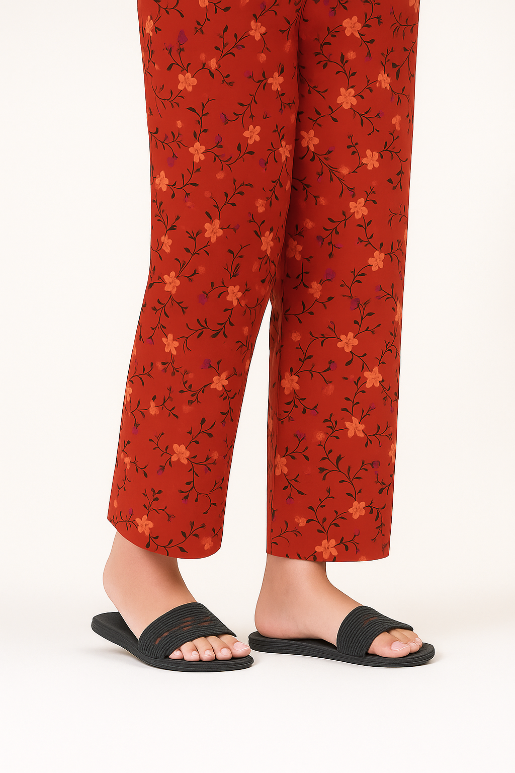 Red Floral Printed - Trousers For Women - Right
