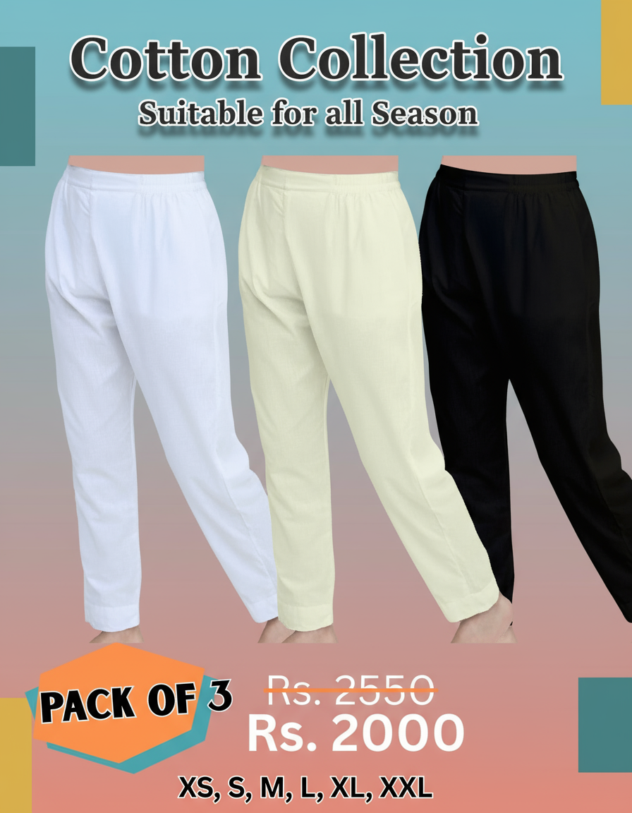 Save PKR 550 - Pack-of-3 -  Cotton-Trousers/Pants For Women