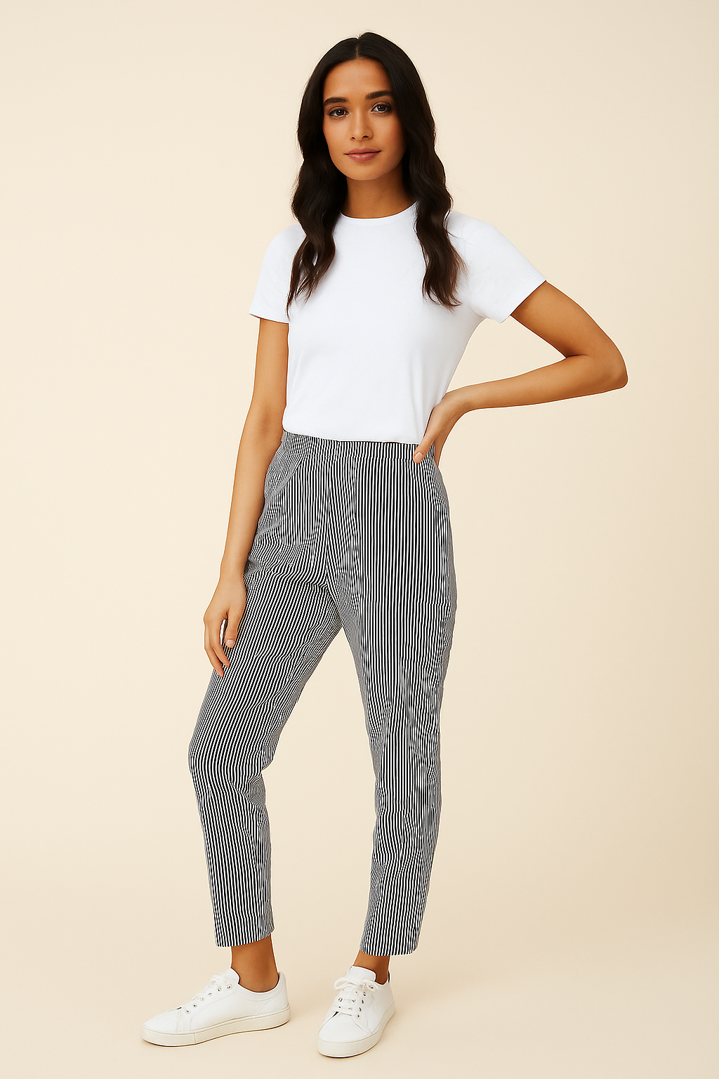 Solid Stripes Cotton Printed Trousers For Women - Front