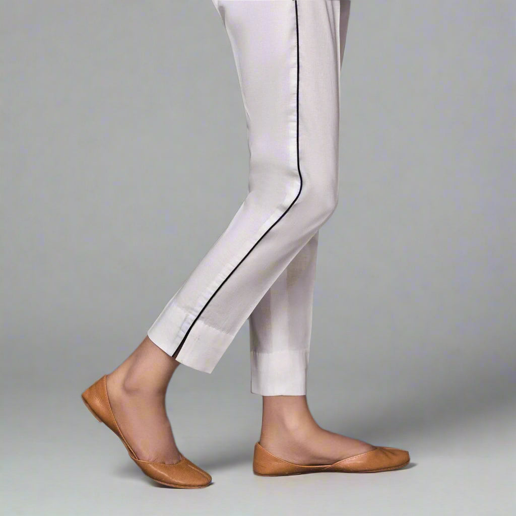 White - Slim-Fit Piping-Pants/Trousers For Women In Cotton