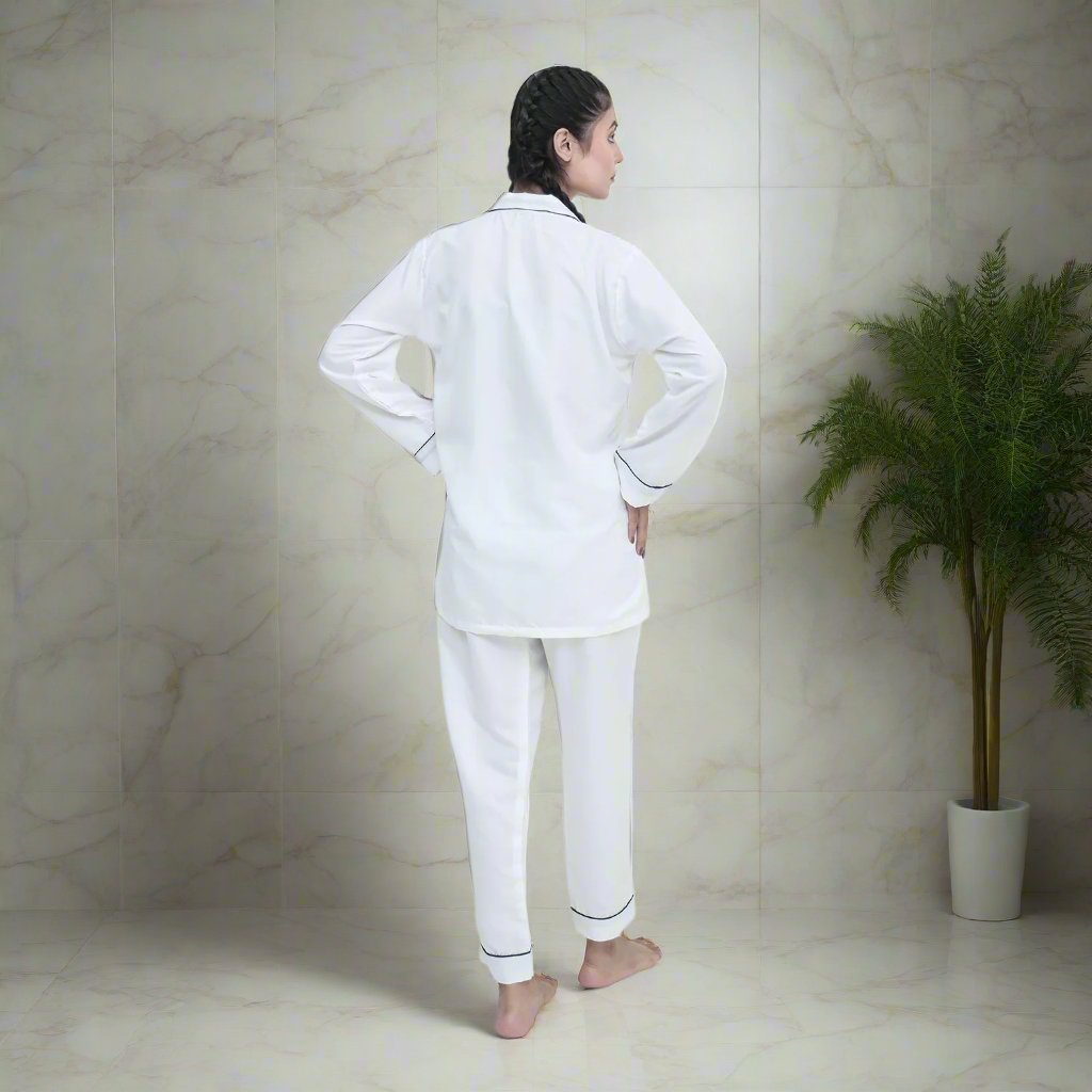 White - Two-Piece Winter Night Suit For Women - Back