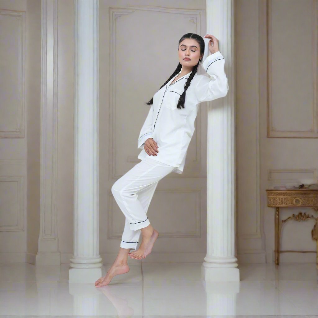 White - Two-Piece Winter Night Suit For Women - Full