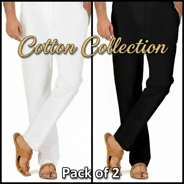 Two pairs of pants, one white and one black, with 'Cotton Collection' text above them.