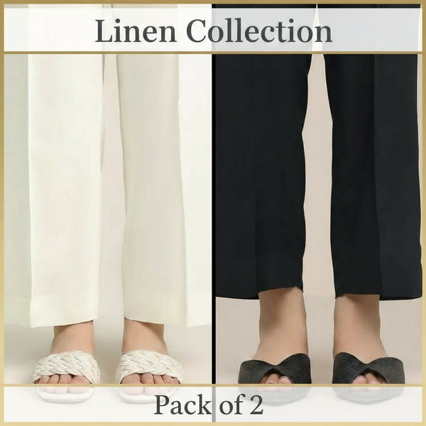 Two pairs of feet wearing different types of sandals with pants in the background.